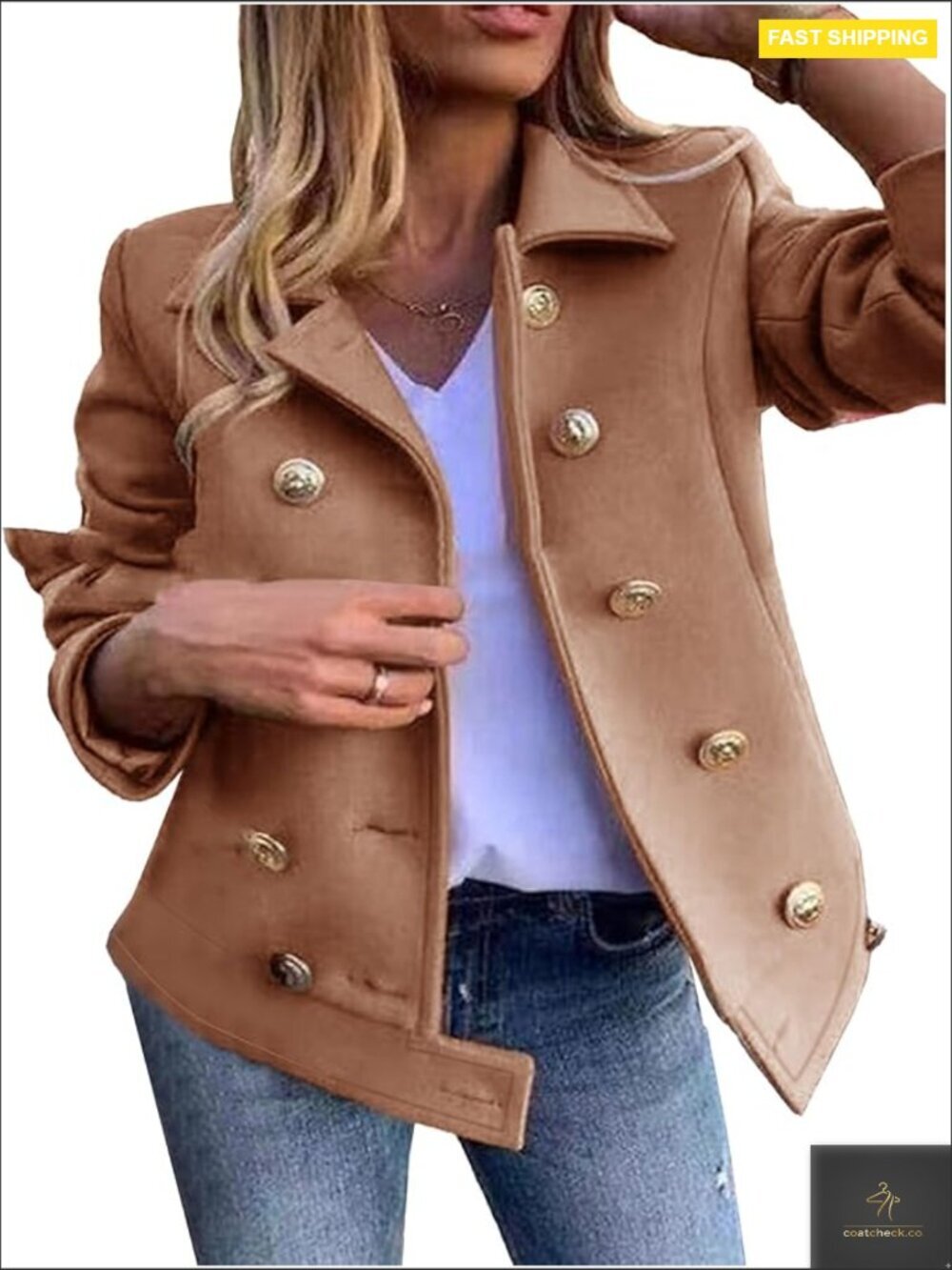 Cropped Double Breasted Pea Coat Wool Blend Blazer Slim Fitted Chic Work
